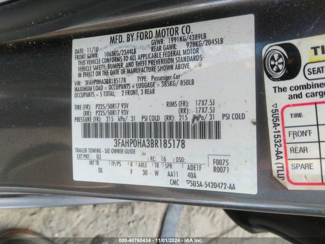 40760434 :رقم المزاد ، 3FAHP0HA3BR185178 vin ، 2011 Ford Fusion Se مزاد بيع