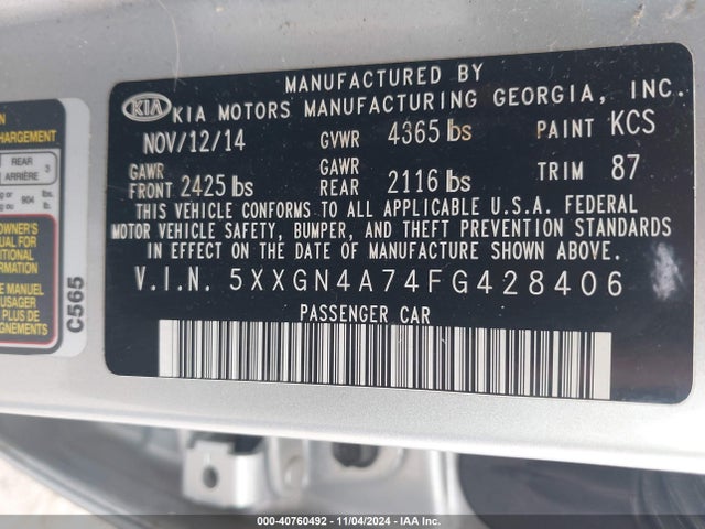 KIA OPTIMA EX 2015 5XXGN4A74FG428406 Image 9