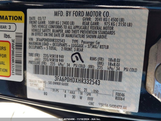 Ford FUSION SE 2017 3FA6P0HDXHR332543 Image 9