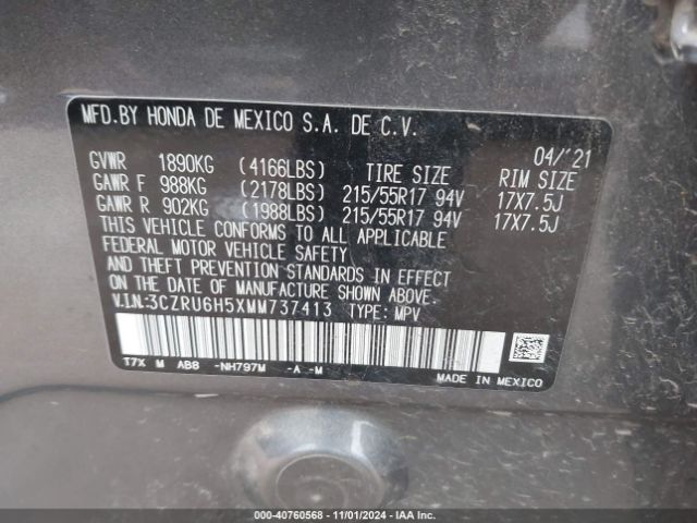 3CZRU6H5XMM737413 Honda Hr-v Awd Ex