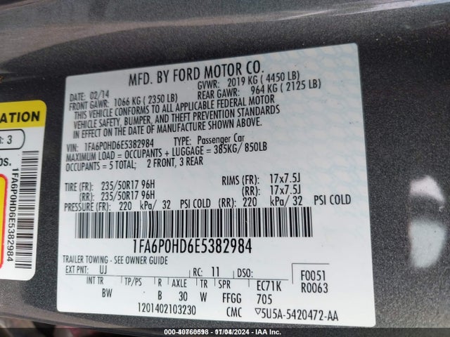Ford FUSION SE 2014 1FA6P0HD6E5382984 Image 9