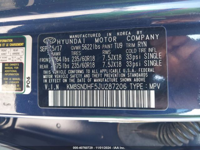KM8SNDHF5JU287206 Hyundai Santa Fe Se