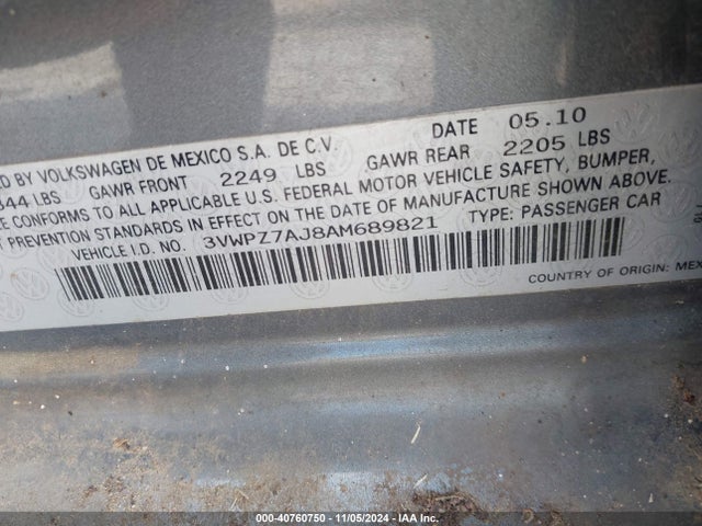 Aukcja sprzedaży 2010 Volkswagen Jetta Se, vin: 3VWPZ7AJ8AM689821, numer aukcji: 40760750