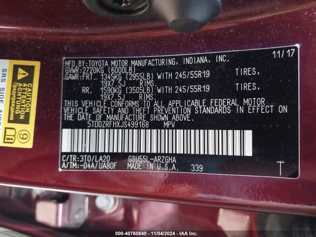 Toyota Highlander Limited Platinum 2018 5TDDZRFHXJS499168 Image 9