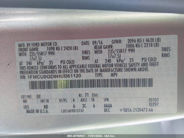 Ford ESCAPE SE 2017 1FMCU0GD9HUB61120 Image 9