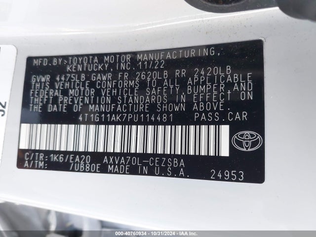 4T1G11AK7PU114481 Toyota CAMRY SE