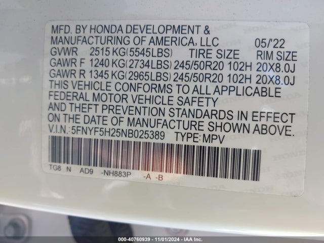 Honda Pilot 2wd Special Edition 2022 5FNYF5H25NB025389 Image 9