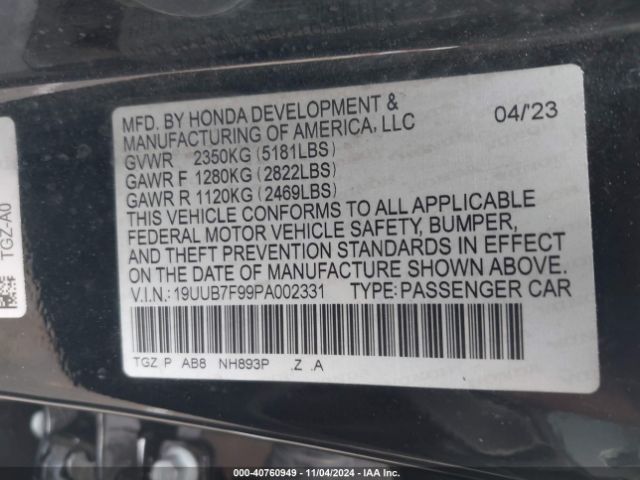 19UUB7F99PA002331 Acura Tlx Type S - Hp Wheel And Tire