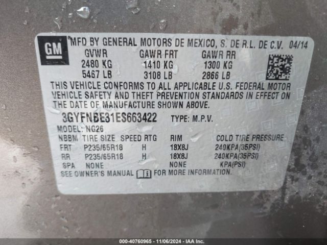 3GYFNBE31ES663422 Cadillac Srx Luxury Collection