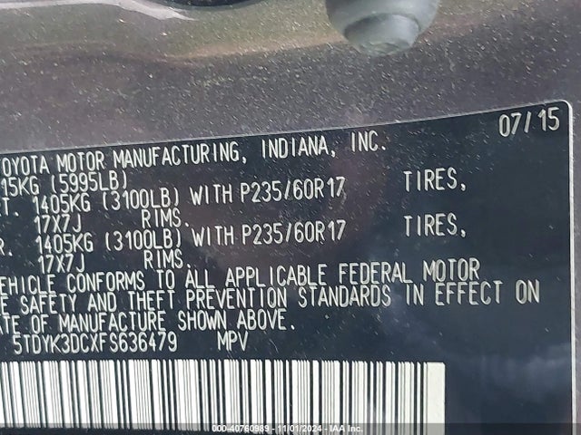 Toyota Sienna Xle 8 Passenger 2015 5TDYK3DCXFS636479 Image 9