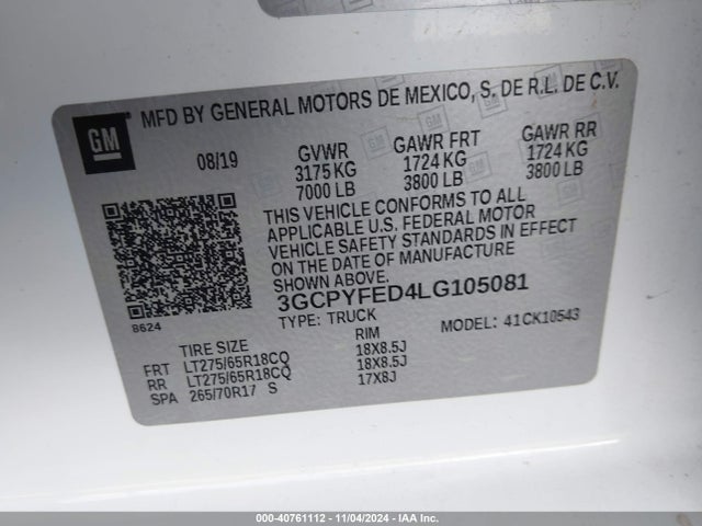 3GCPYFED4LG105081 Chevrolet Silverado 1500 4wd  Short Bed Lt Trail Boss