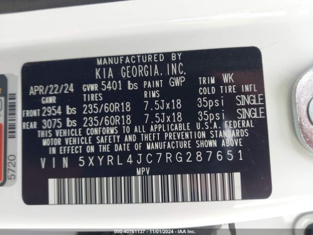 5XYRL4JC7RG287651 KIA SORENTO S
