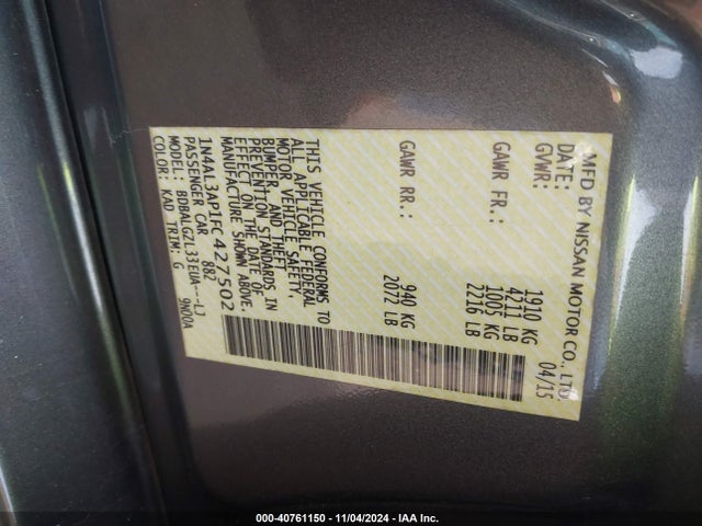 Nissan Altima 2.5 S 2015 1N4AL3AP1FC427502 Image 9