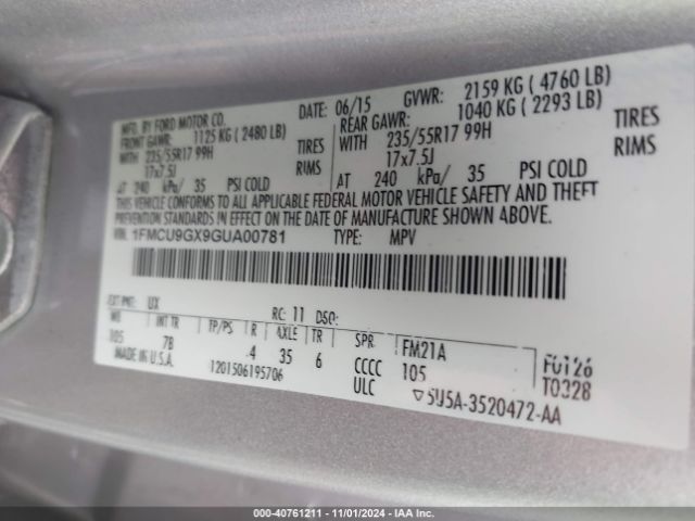1FMCU9GX9GUA00781 Ford ESCAPE SE