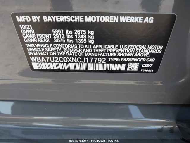 BMW 750 I Xdrive 2022 WBA7U2C0XNCJ17792 Image 9