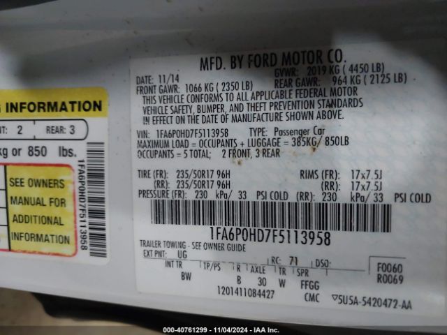 1FA6P0HD7F5113958 Ford FUSION SE