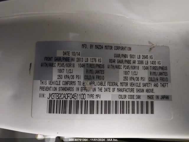 JM3TB2CA0F0451100 Mazda Cx-9 Touring