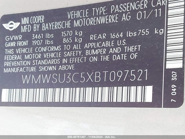 2011 MINI COOPER WMWSU3C5XBT097521 Photo 8