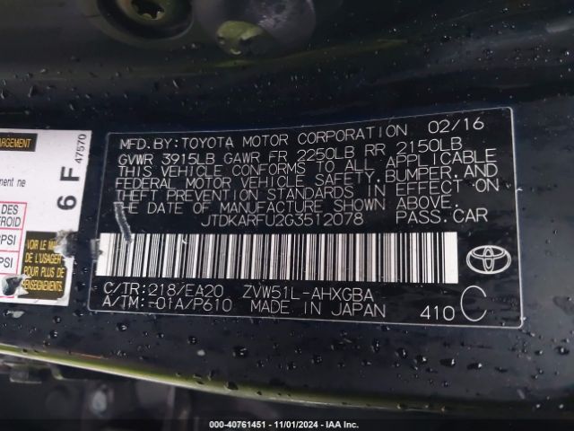JTDKARFU2G3512078 Toyota Prius