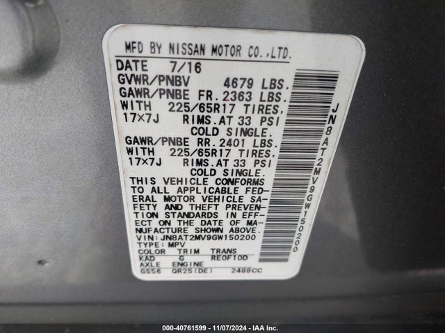 Nissan ROGUE SV 2016 JN8AT2MV9GW150200 Image 9