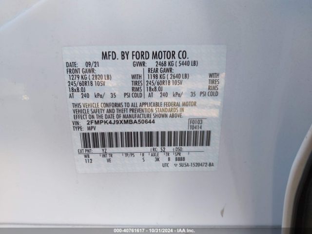 2FMPK4J9XMBA50644 Ford EDGE SEL