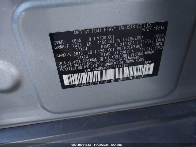 Subaru Outback 2.5i Premium 2015 4S4BSACC5F3344098 Image 9