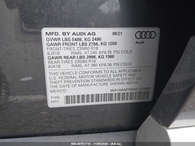WA1AAAFY6M2127909 Audi Q5 Premium 45 Tfsi Quattro S Tronic