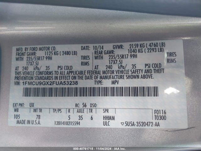 Ford ESCAPE SE 2015 1FMCU9GX2FUA53238 Image 9