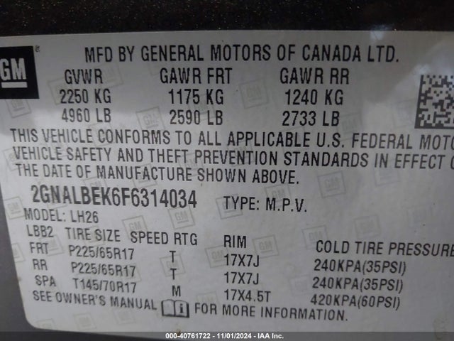 Chevrolet EQUINOX 1LT 2015 2GNALBEK6F6314034 Image 9