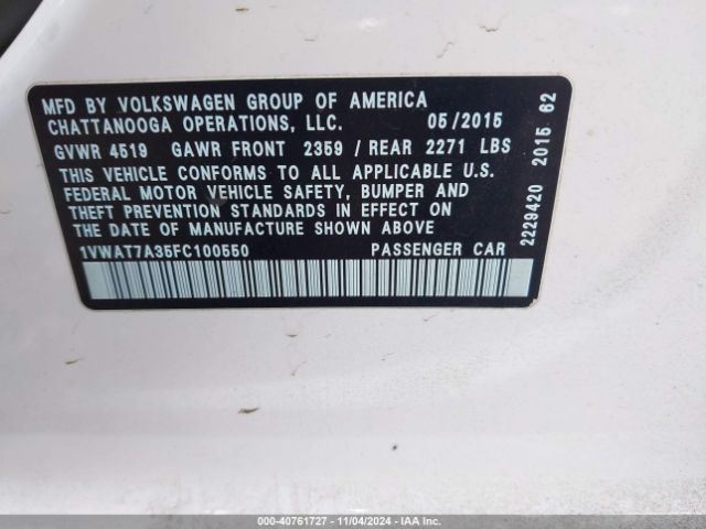 1VWAT7A35FC100550 Volkswagen Passat 1.8t Wolfsburg Edition