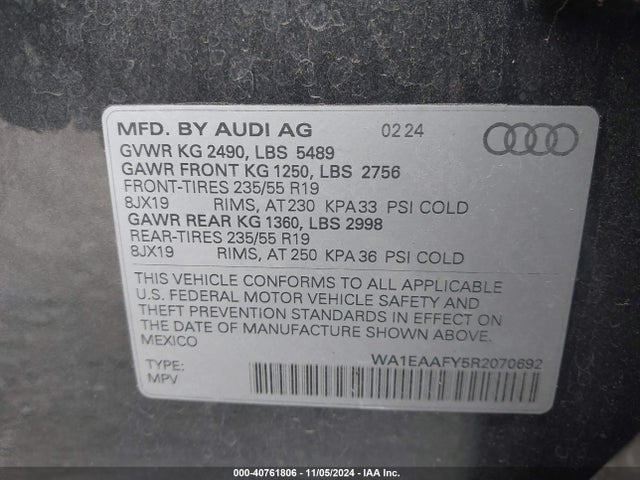 WA1EAAFY5R2070692 Audi Q5 Premium Plus 45 Tfsi S Line Quattro