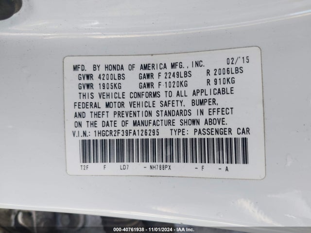 Honda ACCORD LX 2015 1HGCR2F39FA126295 Image 9