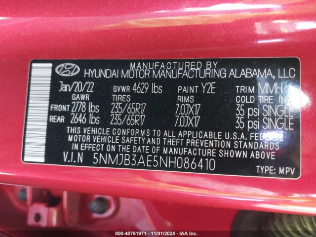 5NMJB3AE5NH086410 Hyundai TUCSON SEL