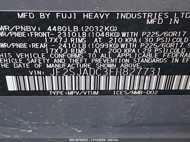 Subaru Forester 2.5i Premium 2015 JF2SJADC3FH827731 Image 9