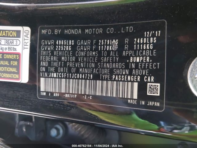 JHMZC5F11JC004729 Honda CLARITY PLUG-IN HYBRID