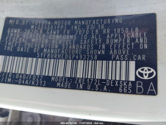 5YFBURHE0GP493258 Toyota Corolla S