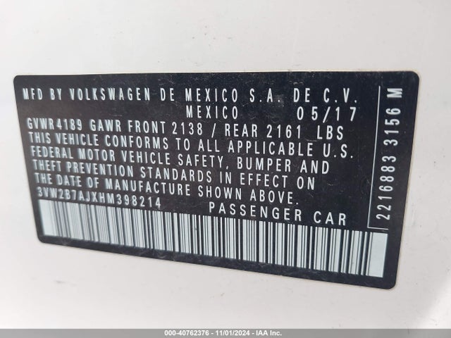 Volkswagen Jetta 1.4t S 2017 3VW2B7AJXHM398214 Image 9