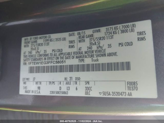 1FTEW1EG3FFC58051 Ford F-150 Platinum