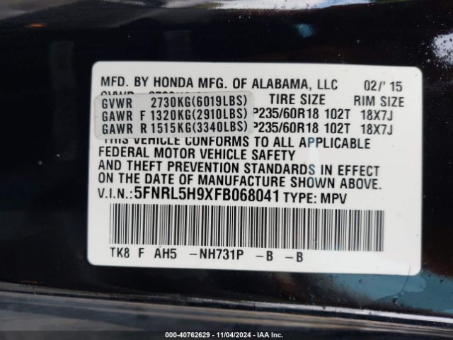 5FNRL5H9XFB068041 Honda Odyssey Touring/touring Elite