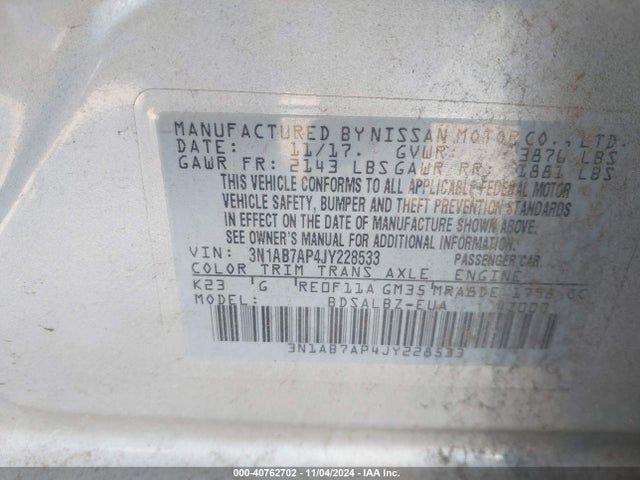 Nissan SENTRA S 2018 3N1AB7AP4JY228533 Image 9