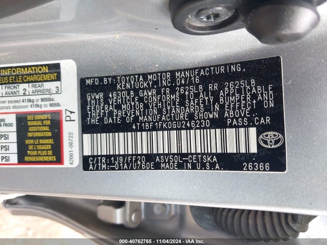 Продажа на аукционе авто 2016 Toyota Camry Se, vin: 4T1BF1FK0GU246230, номер лота: 40762765