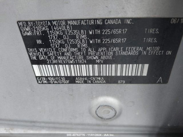2T3RFREV7GW511824 Toyota Rav4 Xle