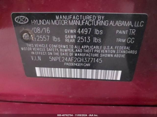 5NPE24AF2GH377145 Hyundai SONATA SE
