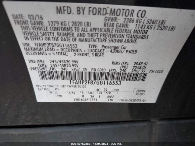 1FAHP2F87GG116553 Ford Taurus Limited