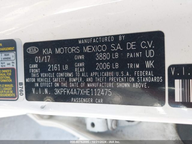 3KPFK4A7XHE112475 KIA FORTE LX