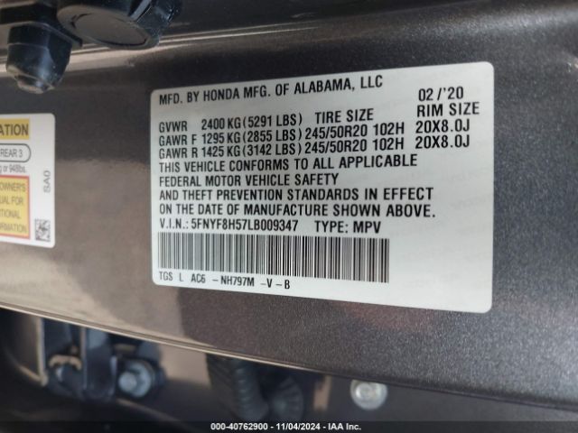 5FNYF8H57LB009347 Honda Passport Awd Ex-l