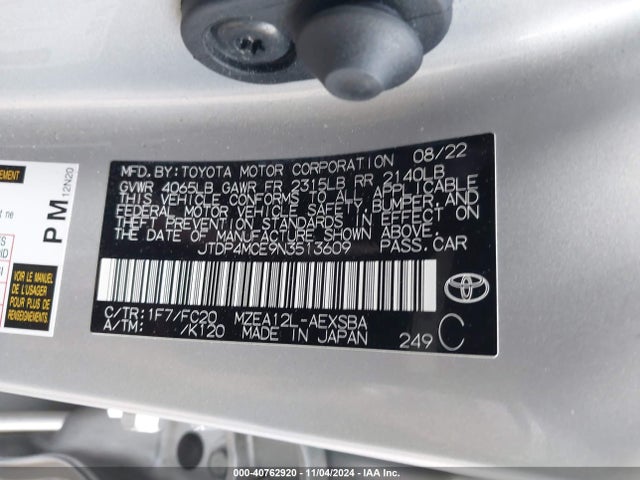 Toyota COROLLA SE 2022 JTDP4MCE9N3513609 Image 9