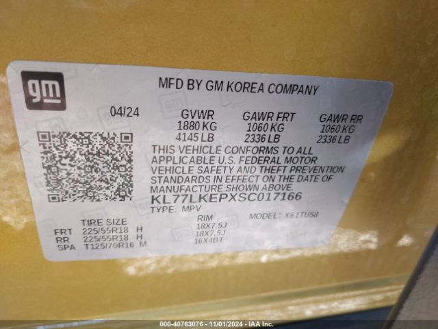 KL77LKEPXSC017166 Chevrolet Trax Fwd Activ