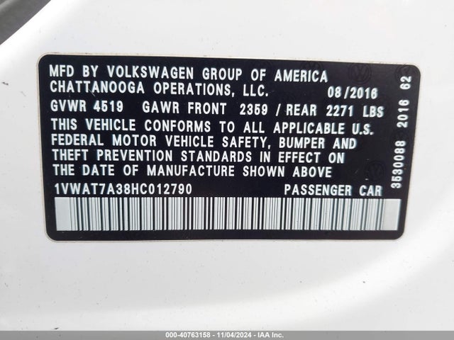 Volkswagen Passat 1.8t S 2017 1VWAT7A38HC012790 Image 9