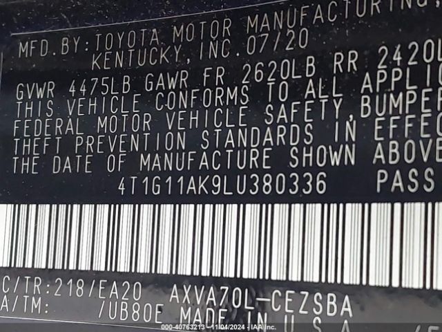 4T1G11AK9LU380336 Toyota CAMRY SE